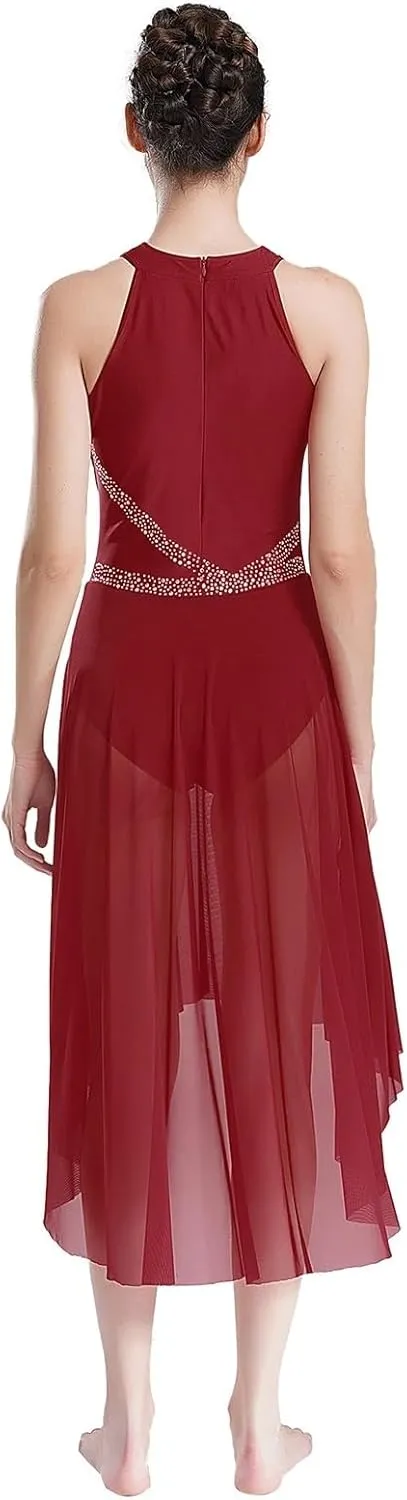 Women Adult Lyrical Dance Dress Modern Contemporary Costume Sparkly Rhinestones Ruched Asymmetrical Hem Ballet Dancewear