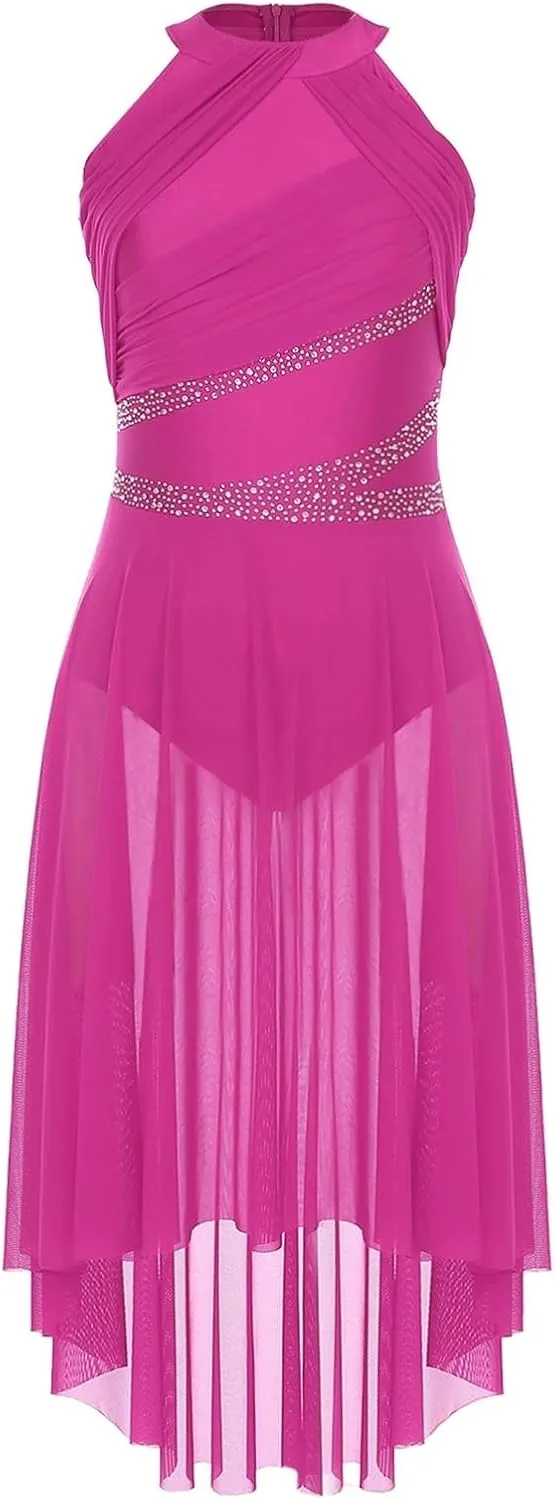 Women Adult Lyrical Dance Dress Modern Contemporary Costume Sparkly Rhinestones Ruched Asymmetrical Hem Ballet Dancewear