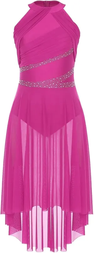 Women Adult Lyrical Dance Dress Modern Contemporary Costume Sparkly Rhinestones Ruched Asymmetrical Hem Ballet Dancewear