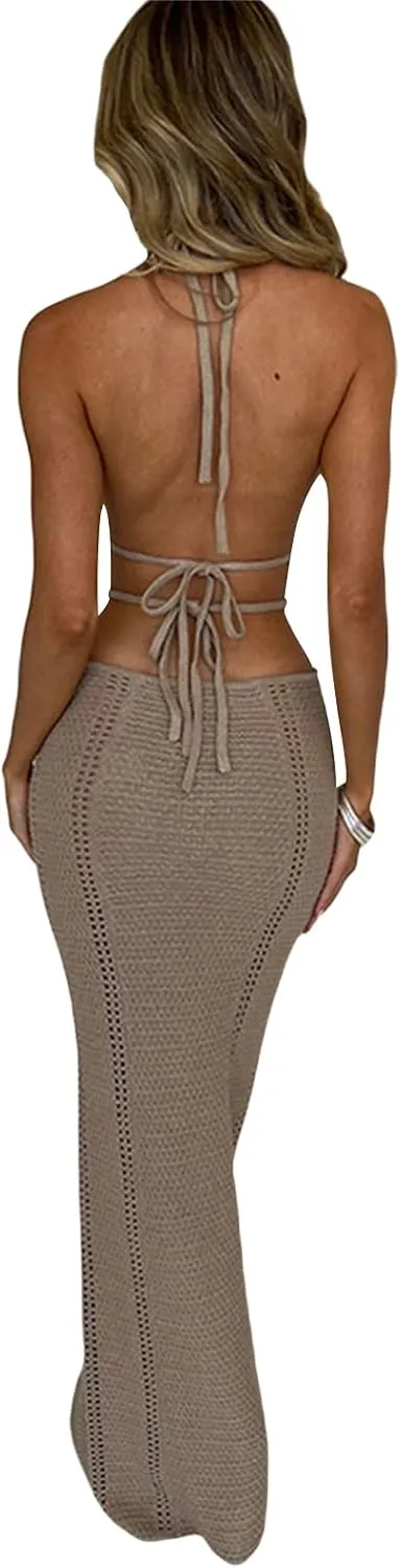 Women Backless Maxi Tank Dress Bodycon Sexy Open Back Hollow Long Dresses Sleeveless Elegant Cocktail Party Dress