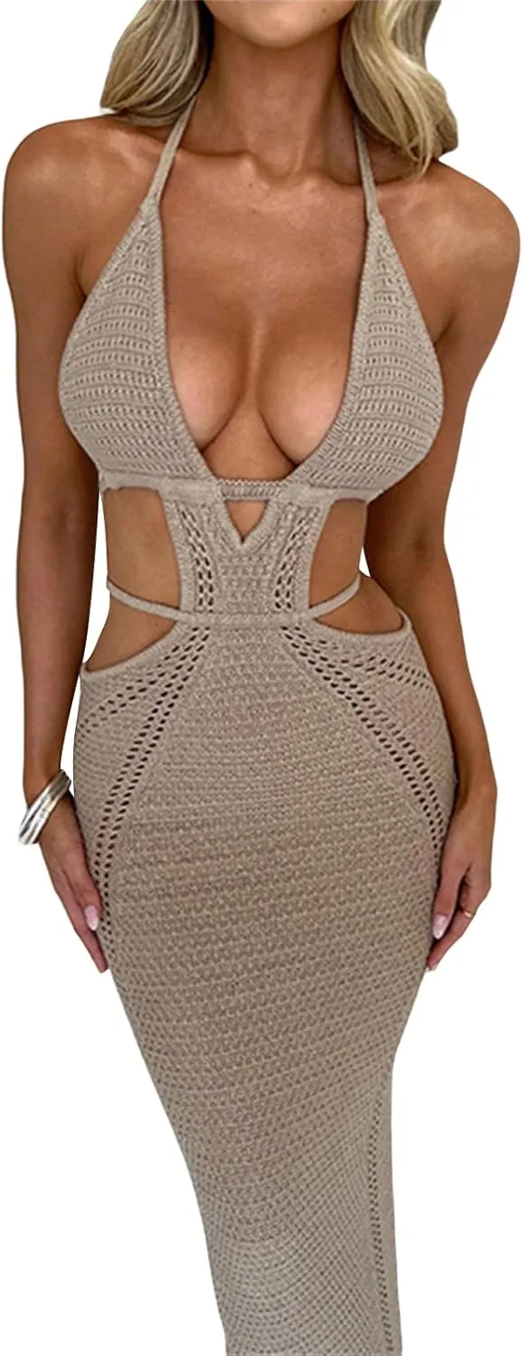 Women Backless Maxi Tank Dress Bodycon Sexy Open Back Hollow Long Dresses Sleeveless Elegant Cocktail Party Dress
