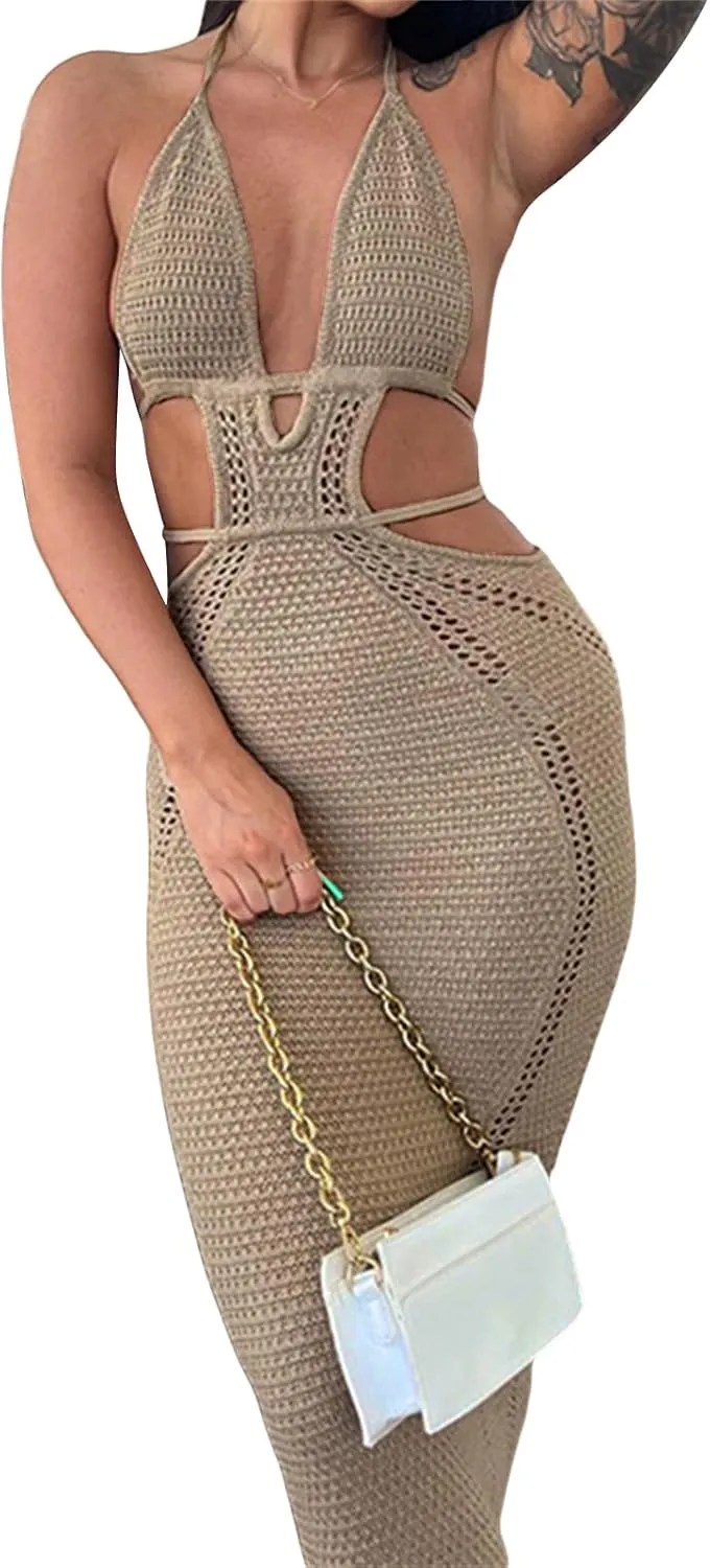 Women Backless Maxi Tank Dress Bodycon Sexy Open Back Hollow Long Dresses Sleeveless Elegant Cocktail Party Dress