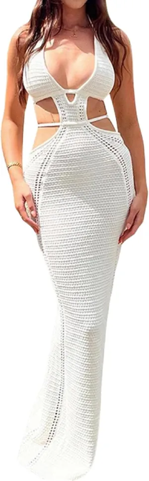 Women Backless Maxi Tank Dress Bodycon Sexy Open Back Hollow Long Dresses Sleeveless Elegant Cocktail Party Dress