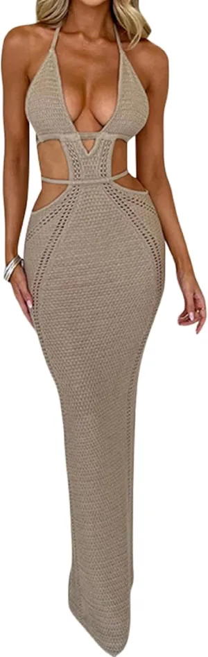Women Backless Maxi Tank Dress Bodycon Sexy Open Back Hollow Long Dresses Sleeveless Elegant Cocktail Party Dress