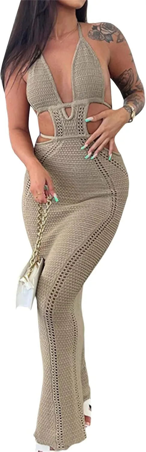 Women Backless Maxi Tank Dress Bodycon Sexy Open Back Hollow Long Dresses Sleeveless Elegant Cocktail Party Dress