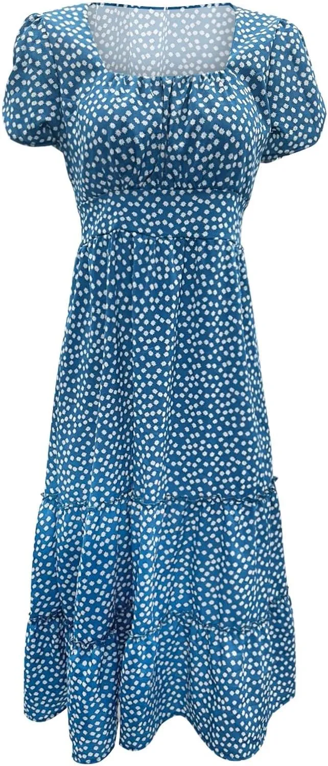 Women Boho Maxi Dress Crew-Neck Short Sleeve Empire Waist Summer Dress Smocked Floral Flowy Tiered Long Dress
