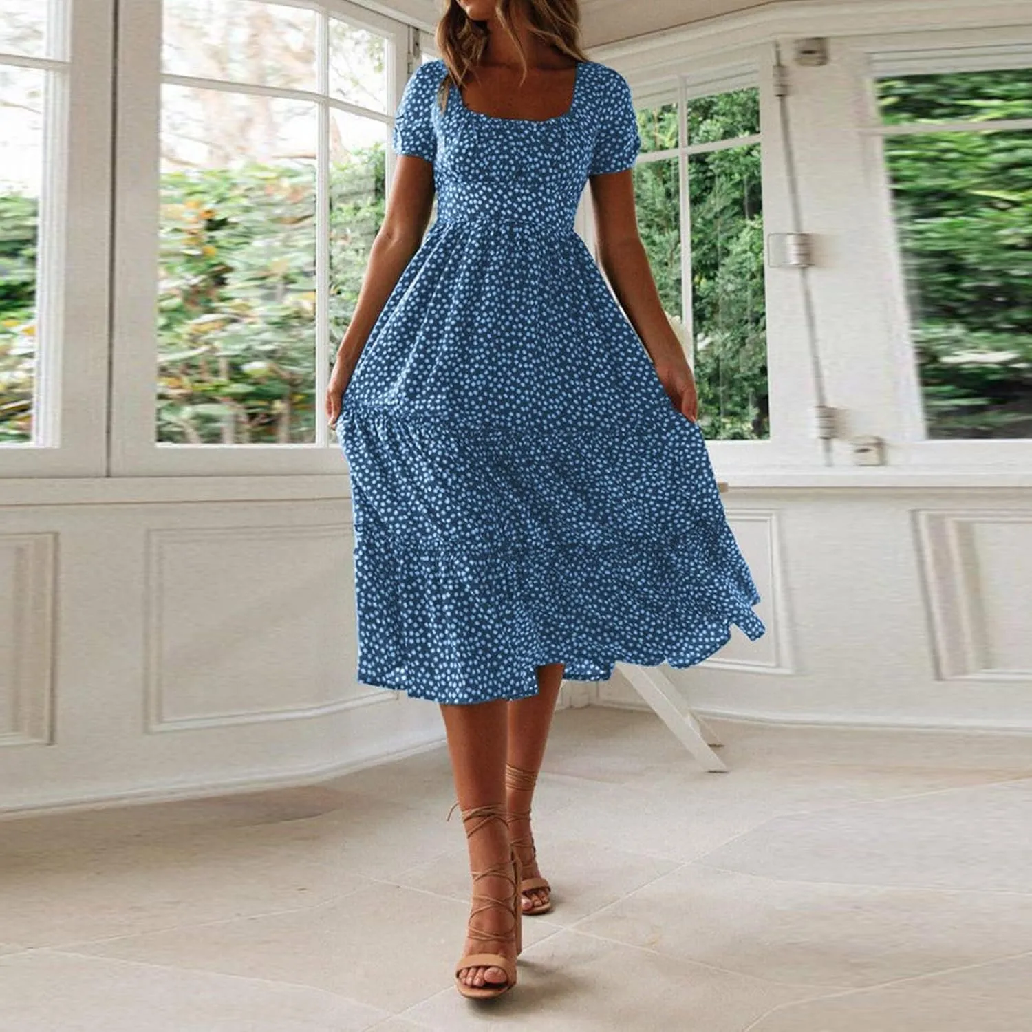 Women Boho Maxi Dress Crew-Neck Short Sleeve Empire Waist Summer Dress Smocked Floral Flowy Tiered Long Dress