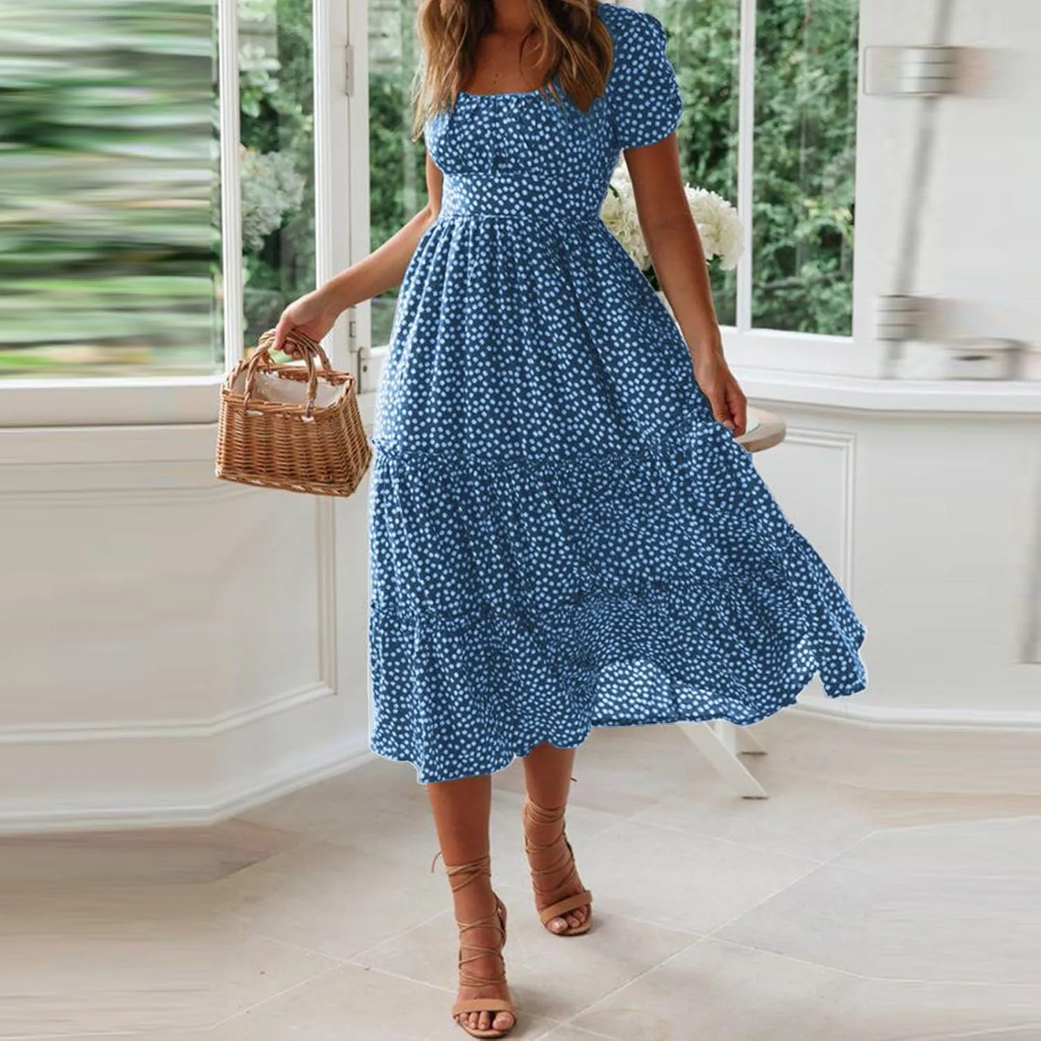 Women Boho Maxi Dress Crew-Neck Short Sleeve Empire Waist Summer Dress Smocked Floral Flowy Tiered Long Dress