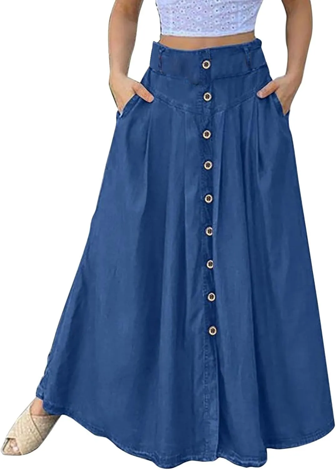 Women Casual Midi Skirt Vintage Button Front Elastic High Waist Pleated A-Line Skirts with Pockets Work Formal