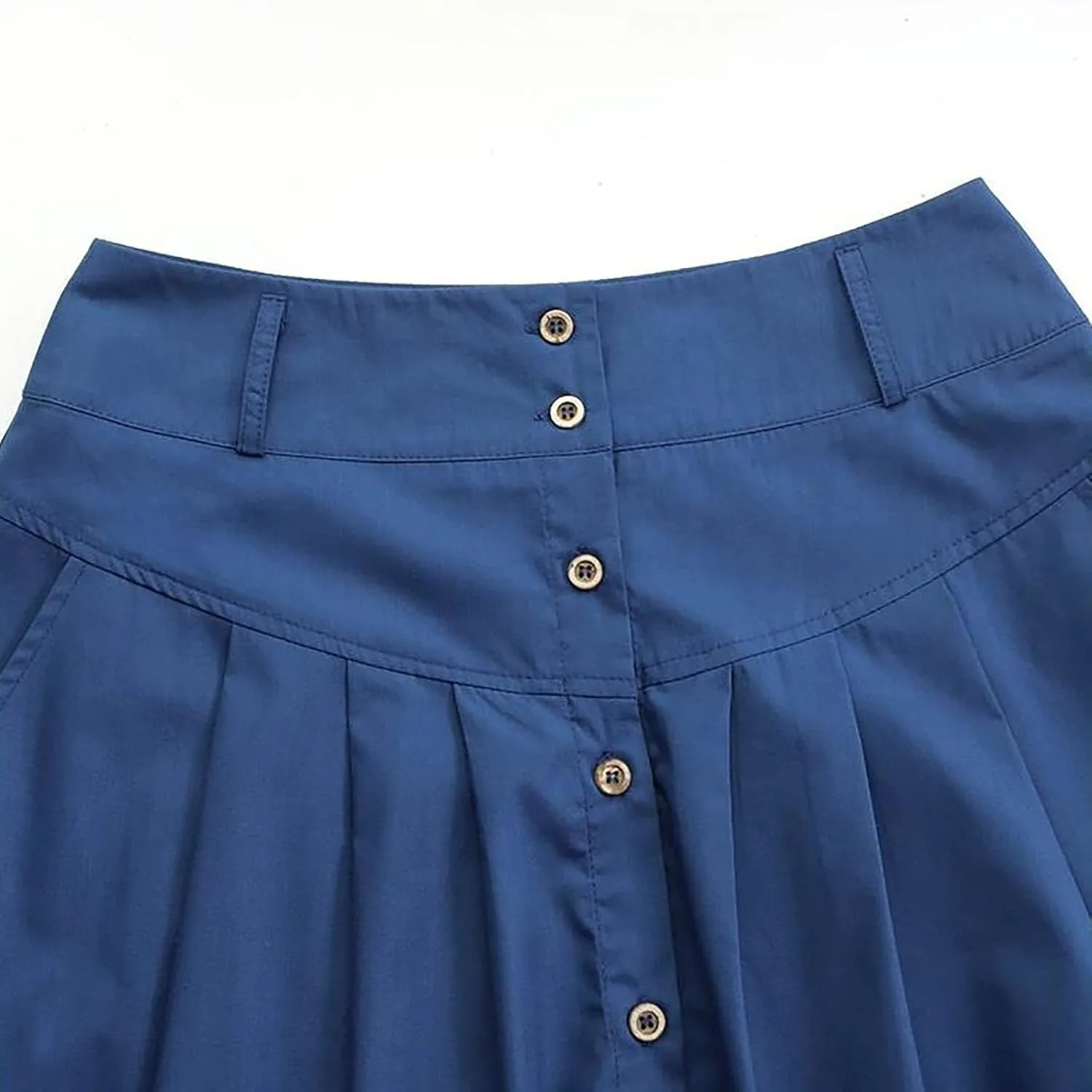 Women Casual Midi Skirt Vintage Button Front Elastic High Waist Pleated A-Line Skirts with Pockets Work Formal