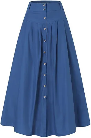 Women Casual Midi Skirt Vintage Button Front Elastic High Waist Pleated A-Line Skirts with Pockets Work Formal
