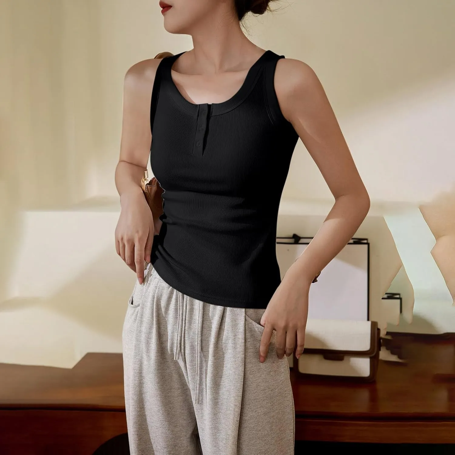 Women Cotton Tank Tops Solid Color Basic Scoop Neck Sleeveless Button Tee Shirts Summer Casual Slim Fit Beach Blouse