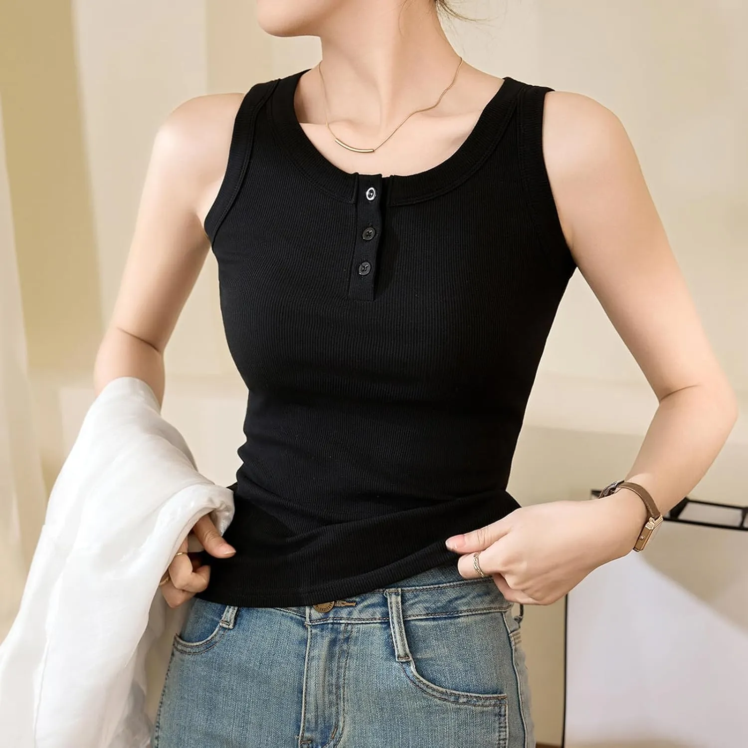 Women Cotton Tank Tops Solid Color Basic Scoop Neck Sleeveless Button Tee Shirts Summer Casual Slim Fit Beach Blouse