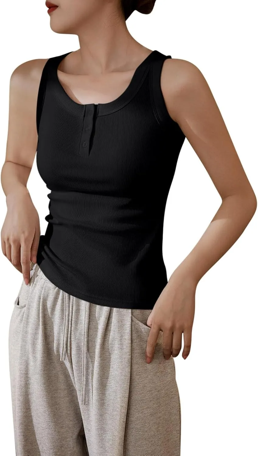 Women Cotton Tank Tops Solid Color Basic Scoop Neck Sleeveless Button Tee Shirts Summer Casual Slim Fit Beach Blouse