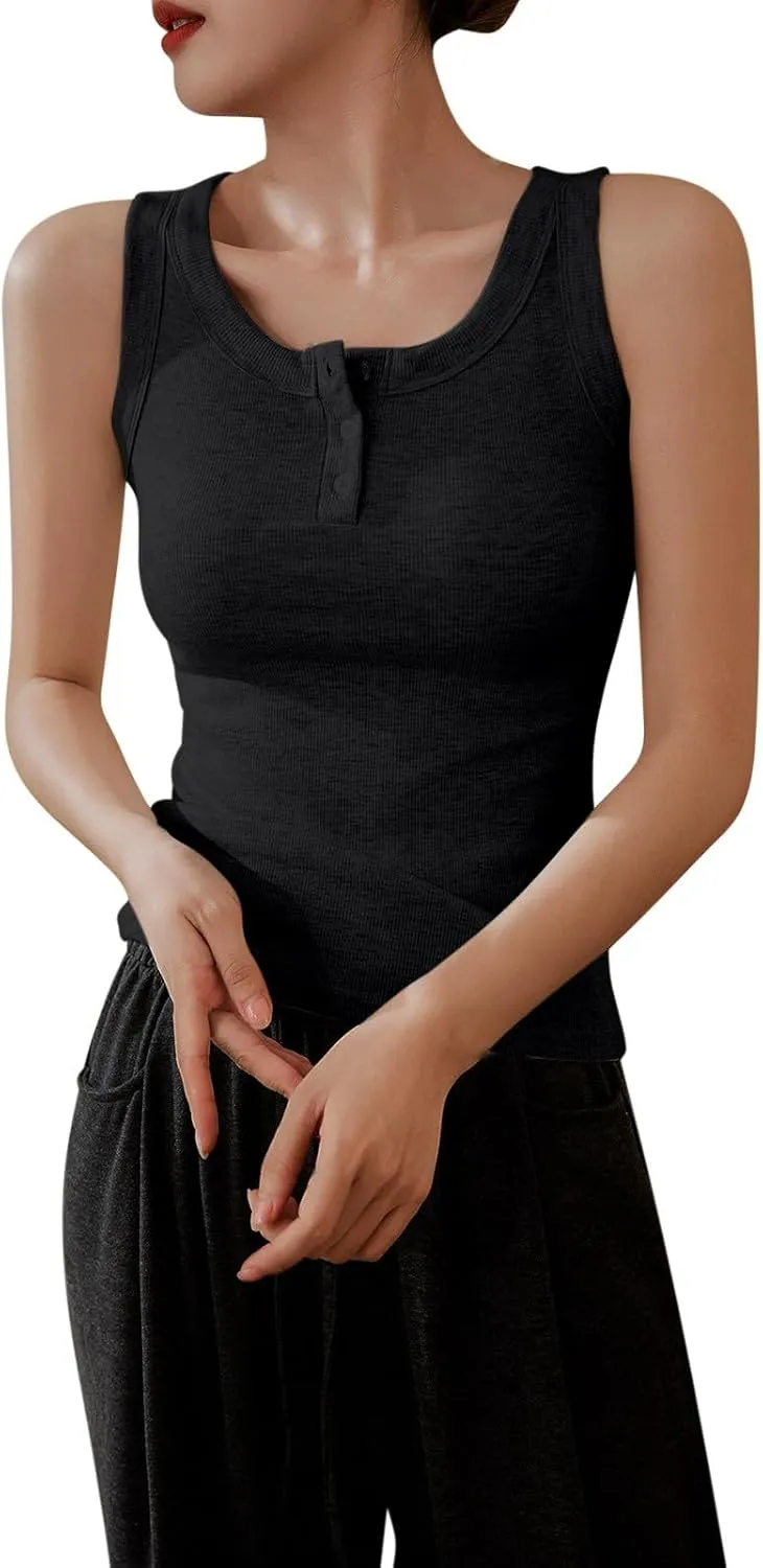 Women Cotton Tank Tops Solid Color Basic Scoop Neck Sleeveless Button Tee Shirts Summer Casual Slim Fit Beach Blouse