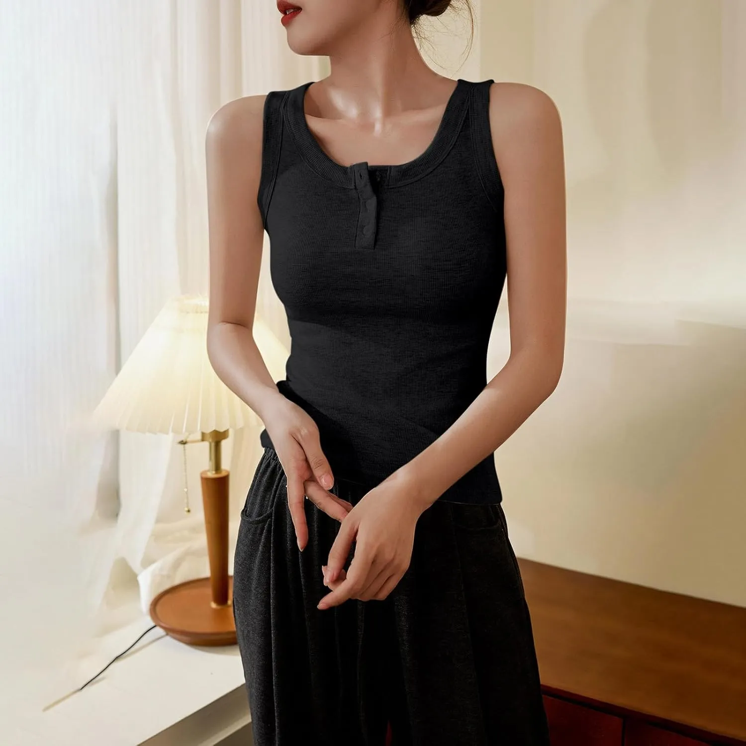 Women Cotton Tank Tops Solid Color Basic Scoop Neck Sleeveless Button Tee Shirts Summer Casual Slim Fit Beach Blouse