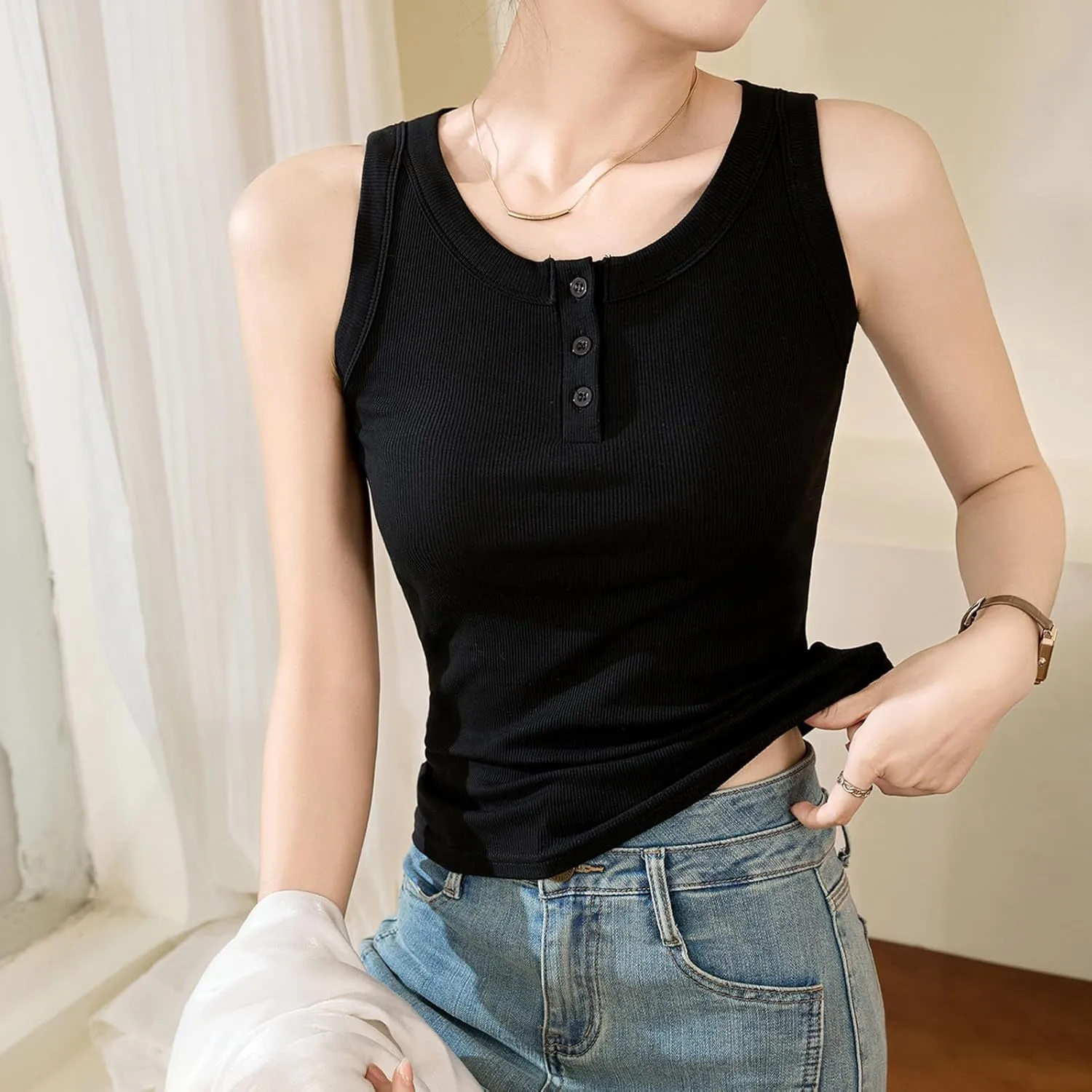 Women Cotton Tank Tops Solid Color Basic Scoop Neck Sleeveless Button Tee Shirts Summer Casual Slim Fit Beach Blouse