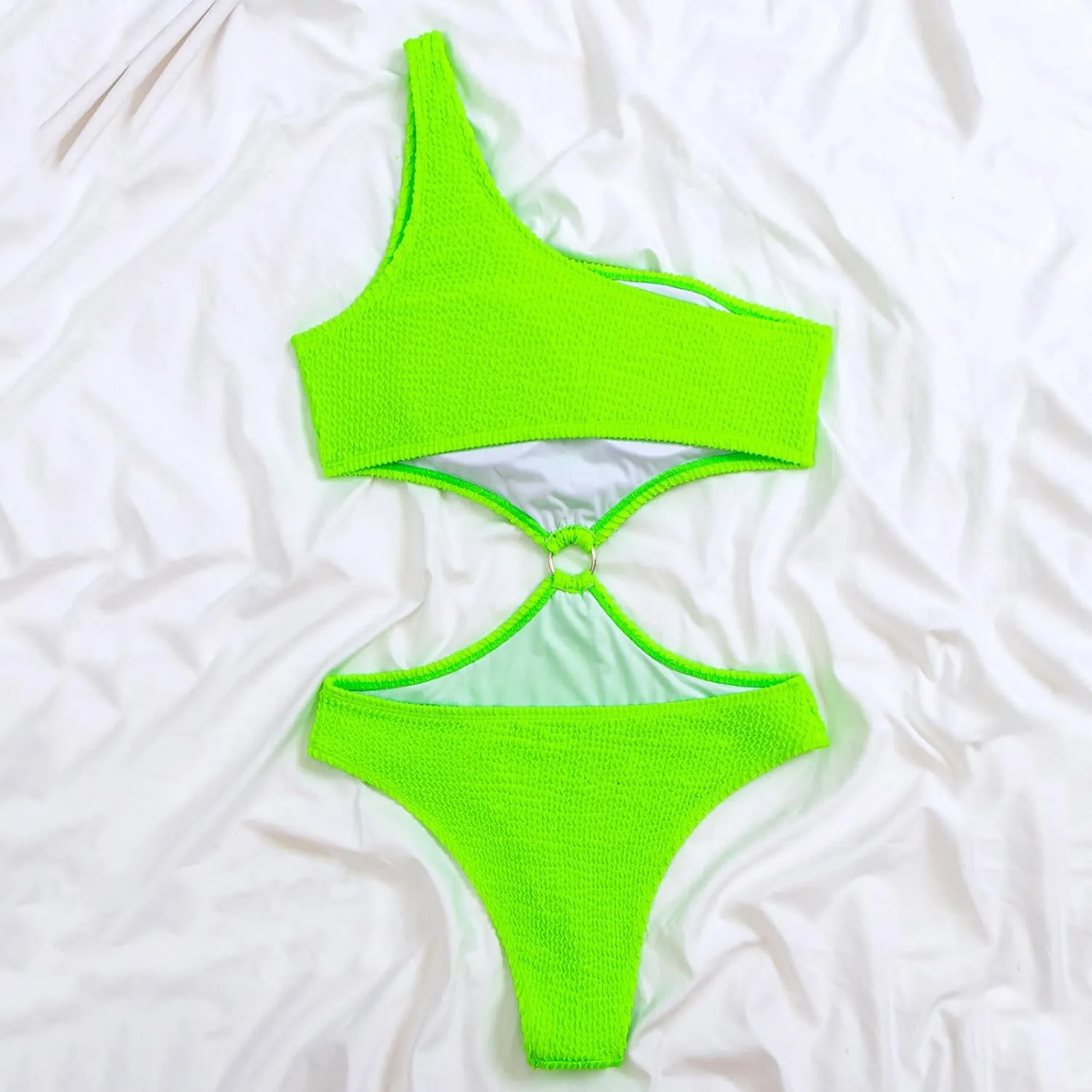 Women Cutout One Shoulder Swimsuits Trendy O Ring Textured Sexy One Piece Bathing Suit Fashion Backless Swimwear