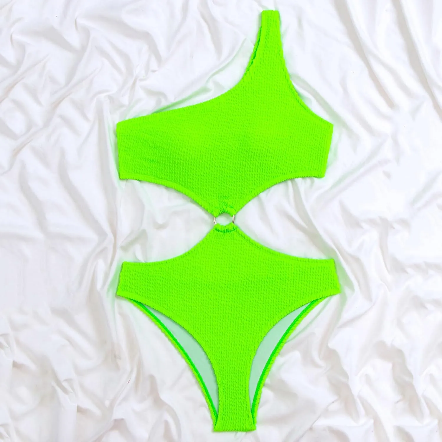Women Cutout One Shoulder Swimsuits Trendy O Ring Textured Sexy One Piece Bathing Suit Fashion Backless Swimwear