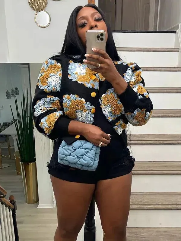 Women Embroidered Flower Short Jacket