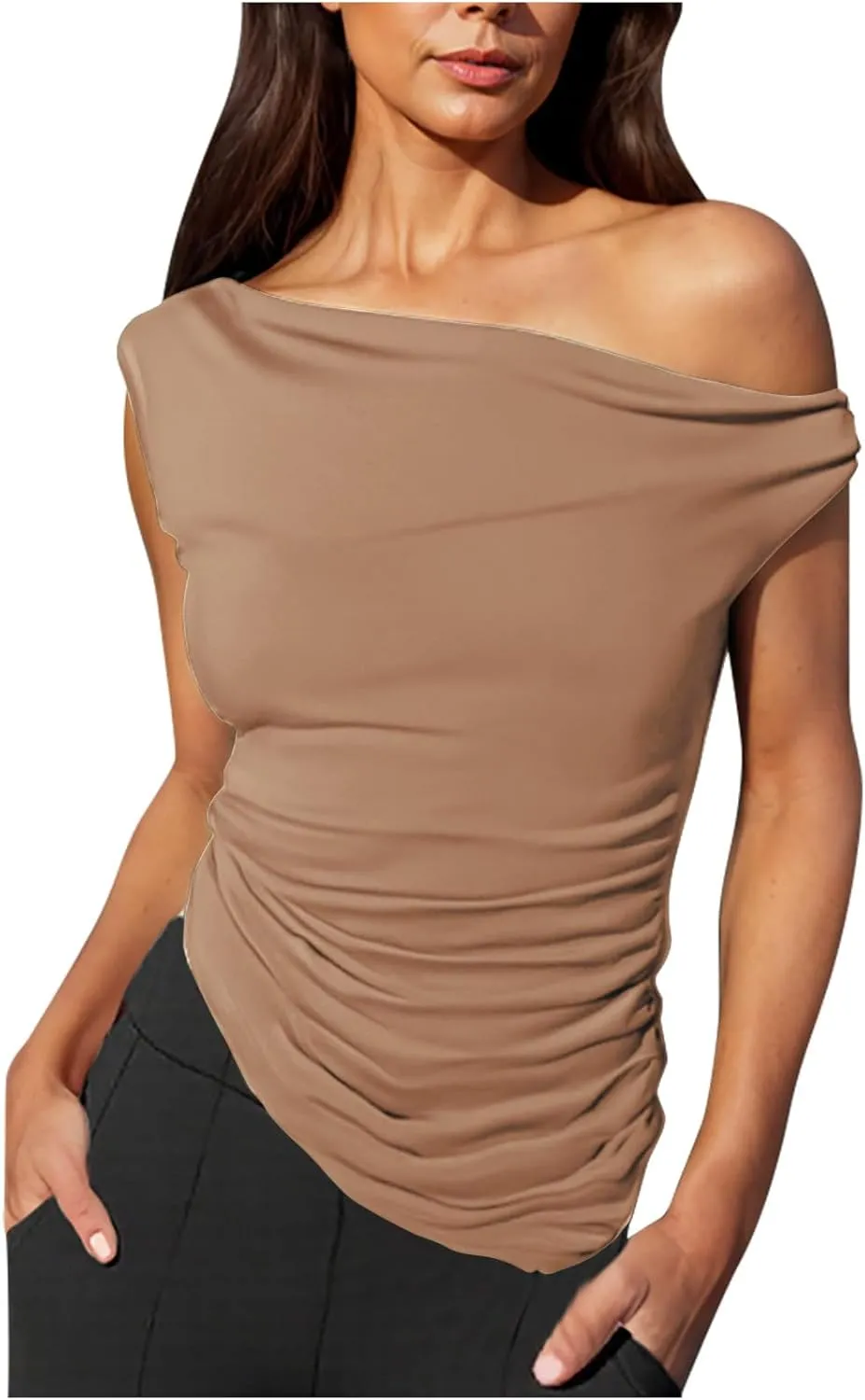 Women Fashion One Shoulder Summer Tank Tops, Sleeveless Slim Fit Ruched Asymmetrical Hem Shirts Going Out Y2K Clothes