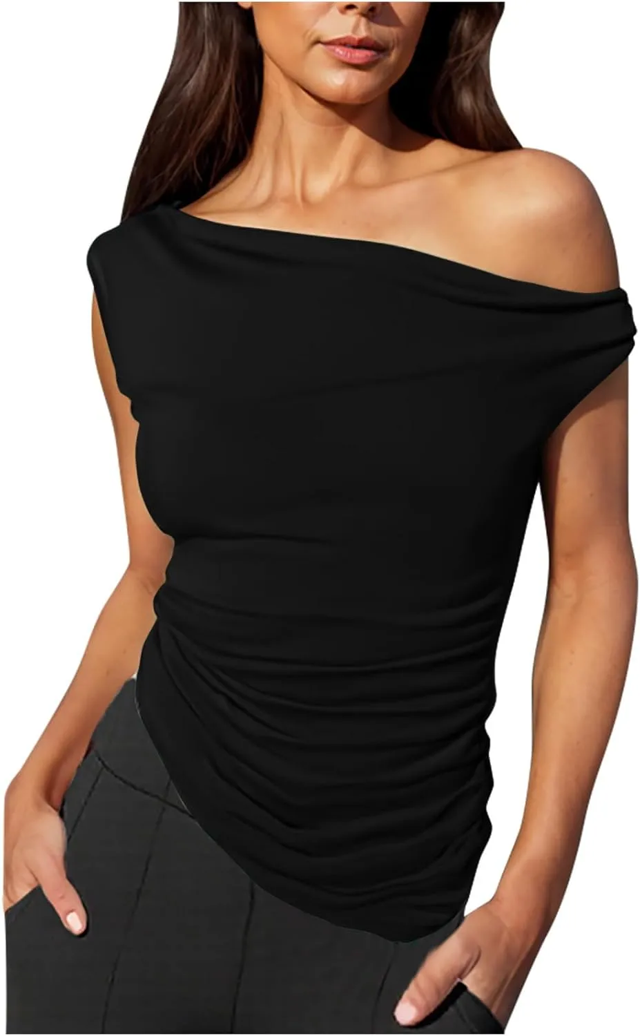 Women Fashion One Shoulder Summer Tank Tops, Sleeveless Slim Fit Ruched Asymmetrical Hem Shirts Going Out Y2K Clothes