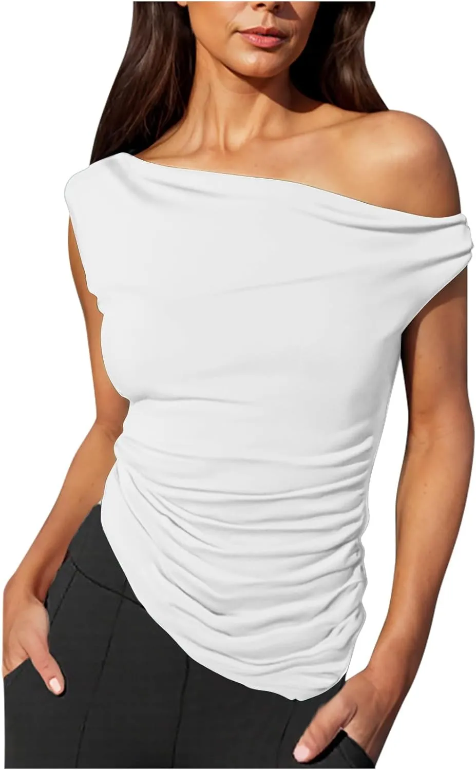 Women Fashion One Shoulder Summer Tank Tops, Sleeveless Slim Fit Ruched Asymmetrical Hem Shirts Going Out Y2K Clothes