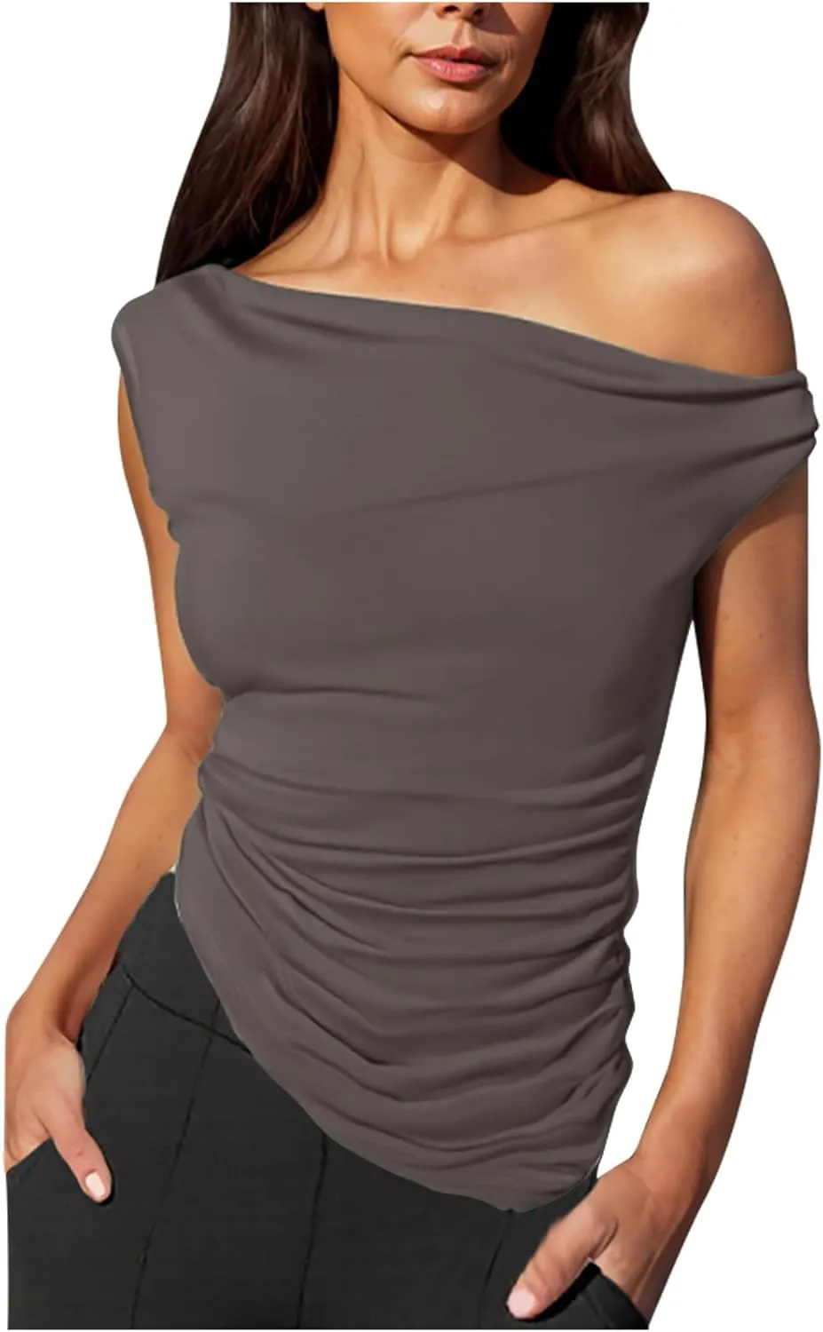 Women Fashion One Shoulder Summer Tank Tops, Sleeveless Slim Fit Ruched Asymmetrical Hem Shirts Going Out Y2K Clothes