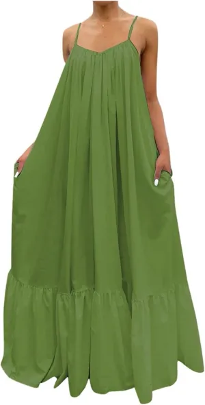 Women Flowy Dress Sleeveless Spaghetti Strap Maxi Long Thin Sexy Low Cut Vneck Ruched Fall Summer Dress for Women 2025