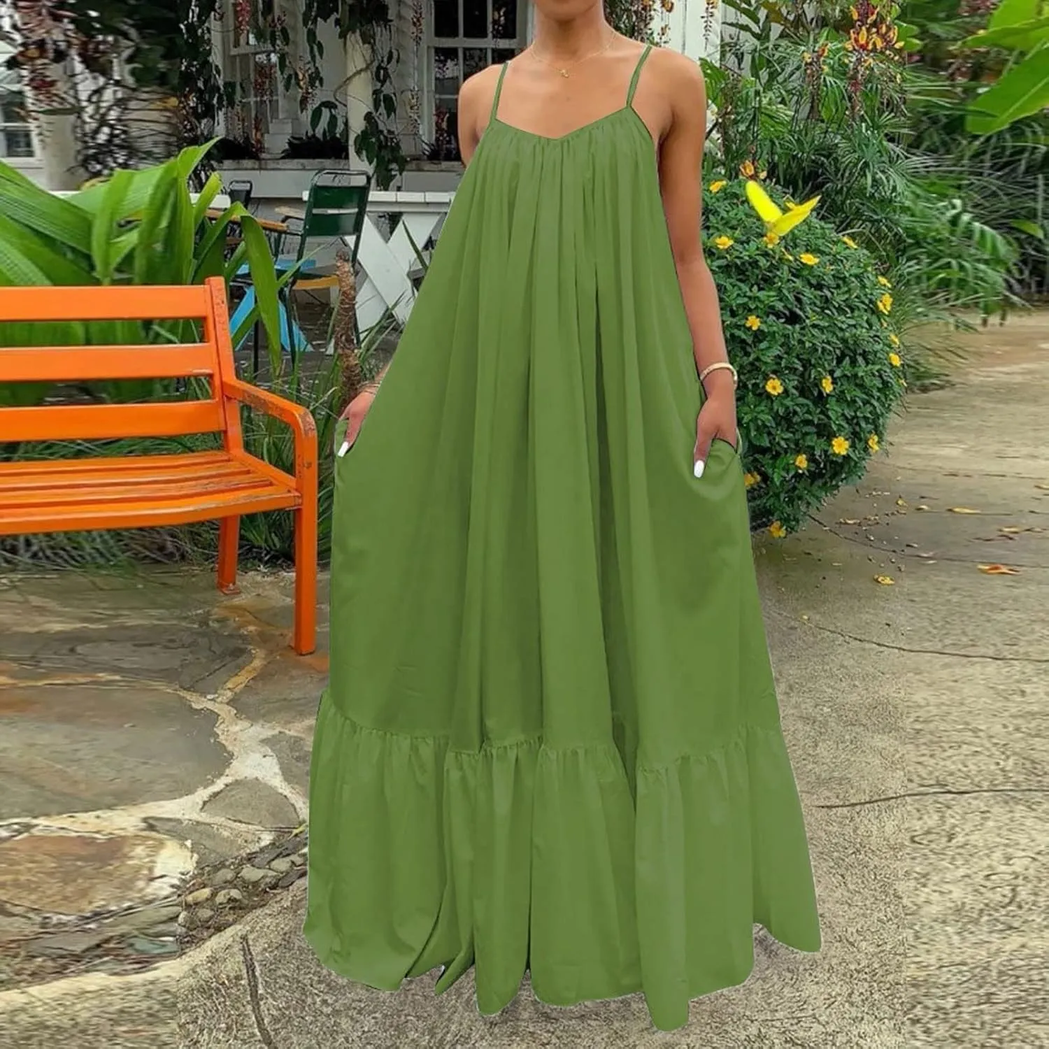 Women Flowy Dress Sleeveless Spaghetti Strap Maxi Long Thin Sexy Low Cut Vneck Ruched Fall Summer Dress for Women 2025