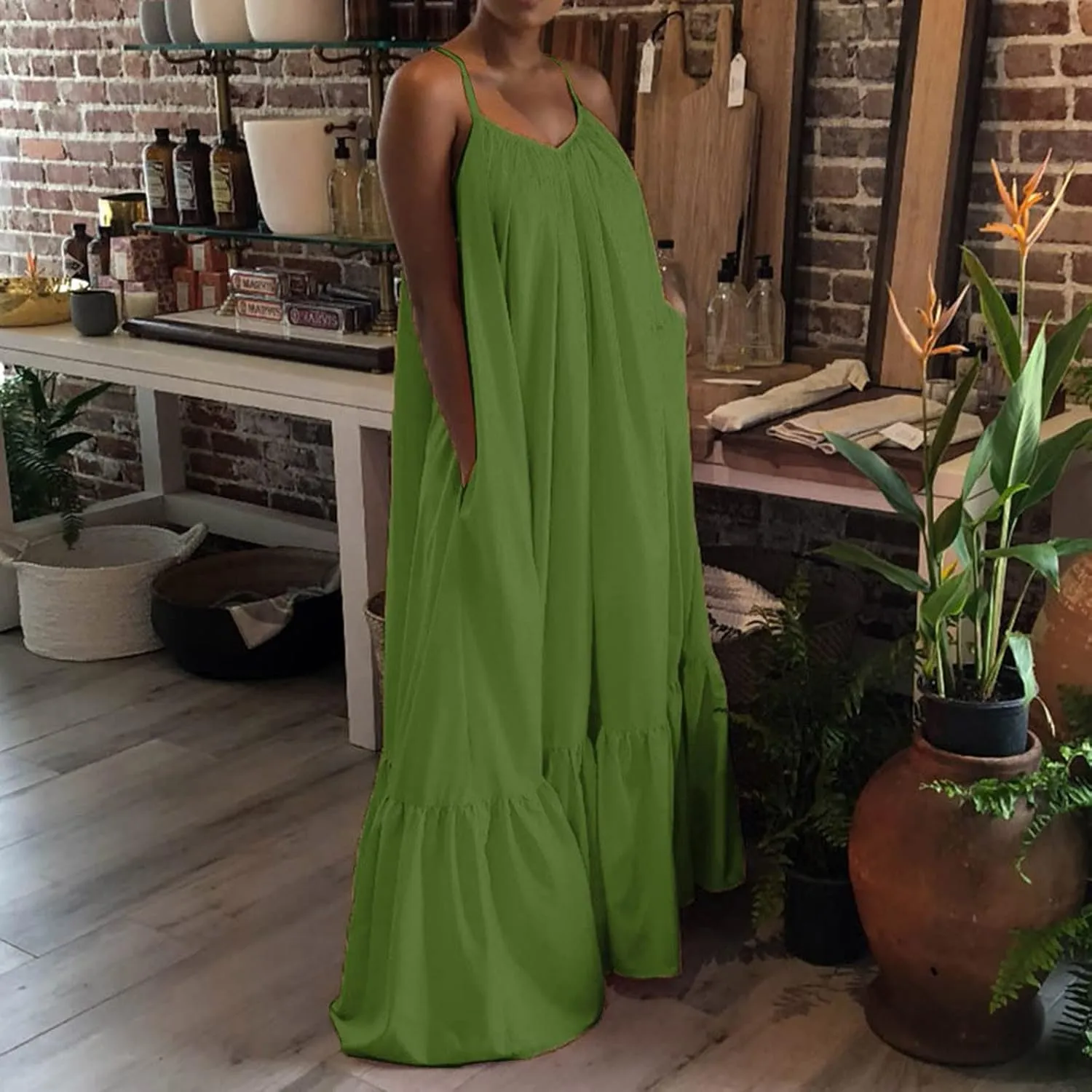 Women Flowy Dress Sleeveless Spaghetti Strap Maxi Long Thin Sexy Low Cut Vneck Ruched Fall Summer Dress for Women 2025
