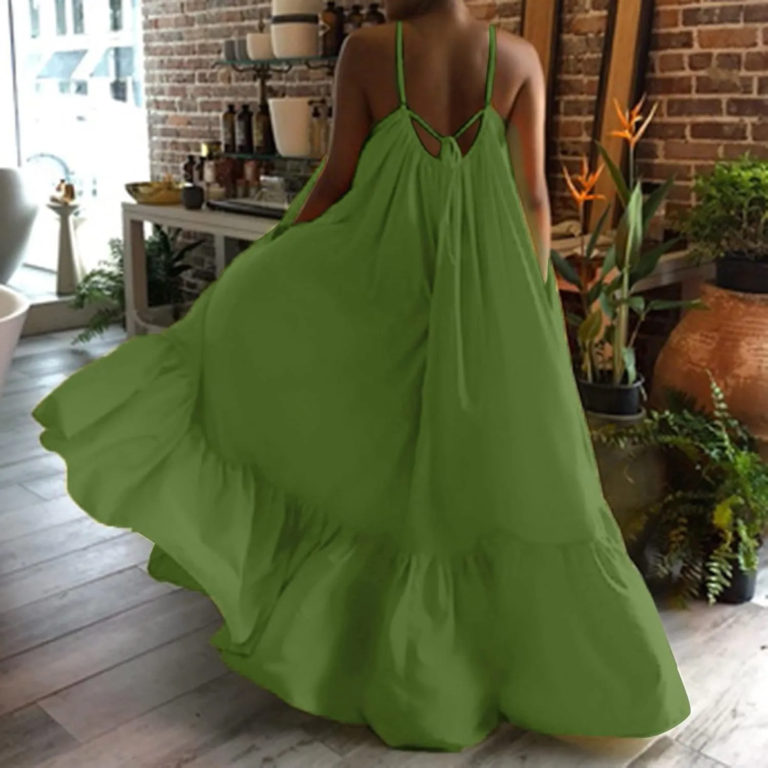 Women Flowy Dress Sleeveless Spaghetti Strap Maxi Long Thin Sexy Low Cut Vneck Ruched Fall Summer Dress for Women 2025