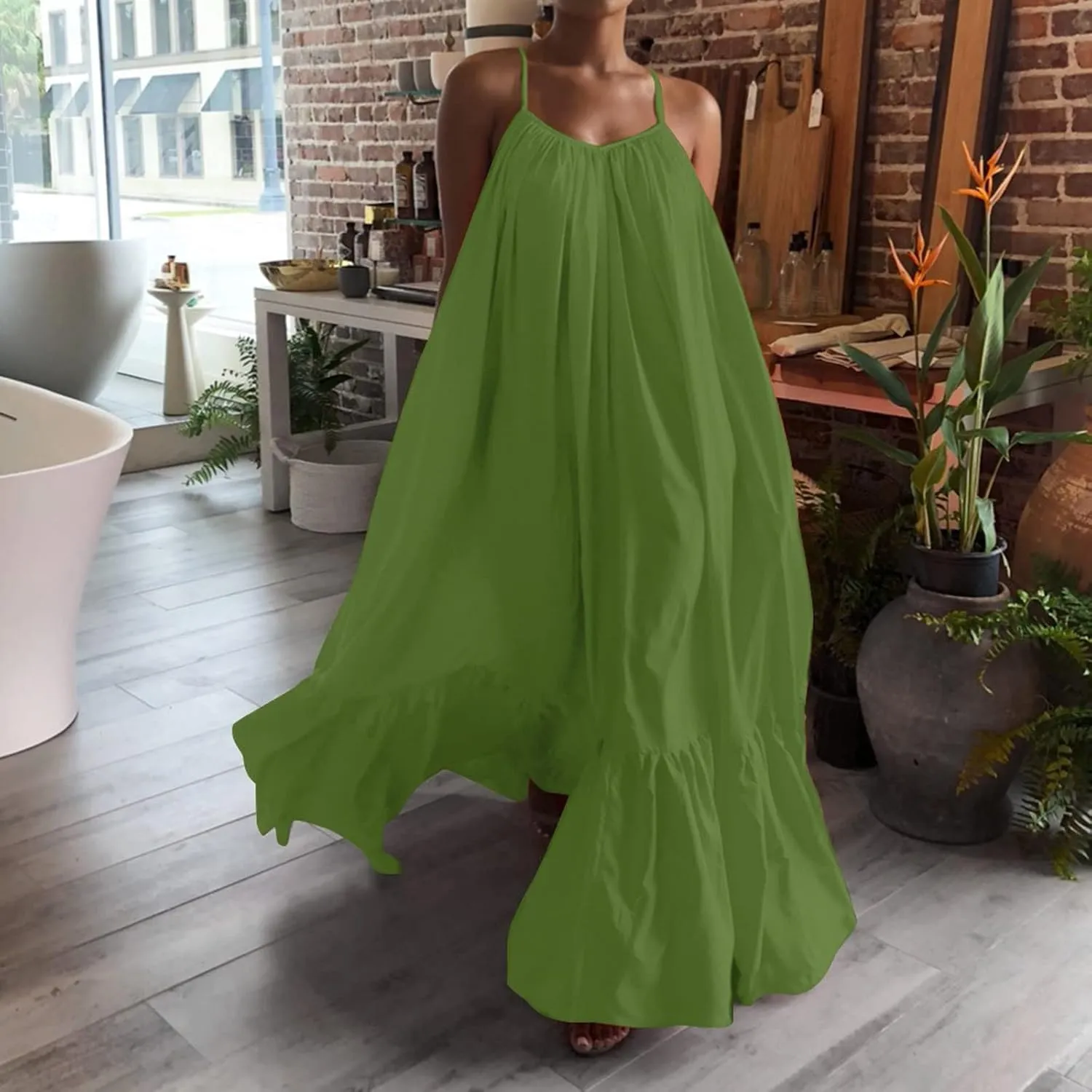 Women Flowy Dress Sleeveless Spaghetti Strap Maxi Long Thin Sexy Low Cut Vneck Ruched Fall Summer Dress for Women 2025