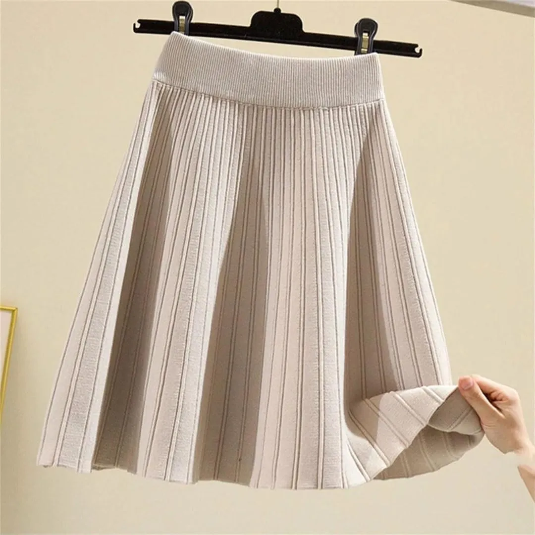 Women High Waist Sweater Pleated Skirt Vintage Knitted Mini Skirts Winter Solid A Line Skirts