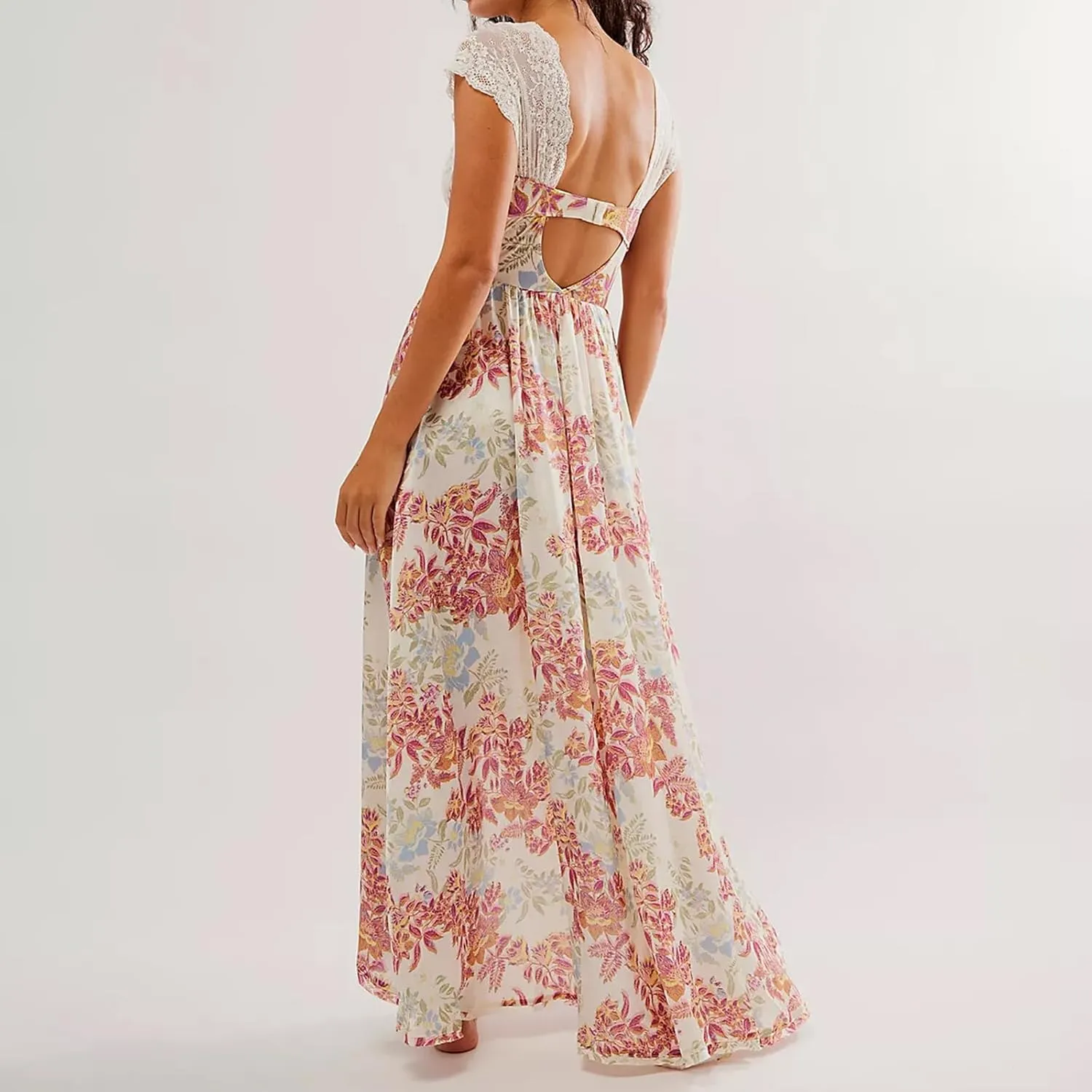 Women Lace Patchwork Maxi Dress Floral Backless Bodycon Long Dress Summer Bohemian Beach Holiday Dress