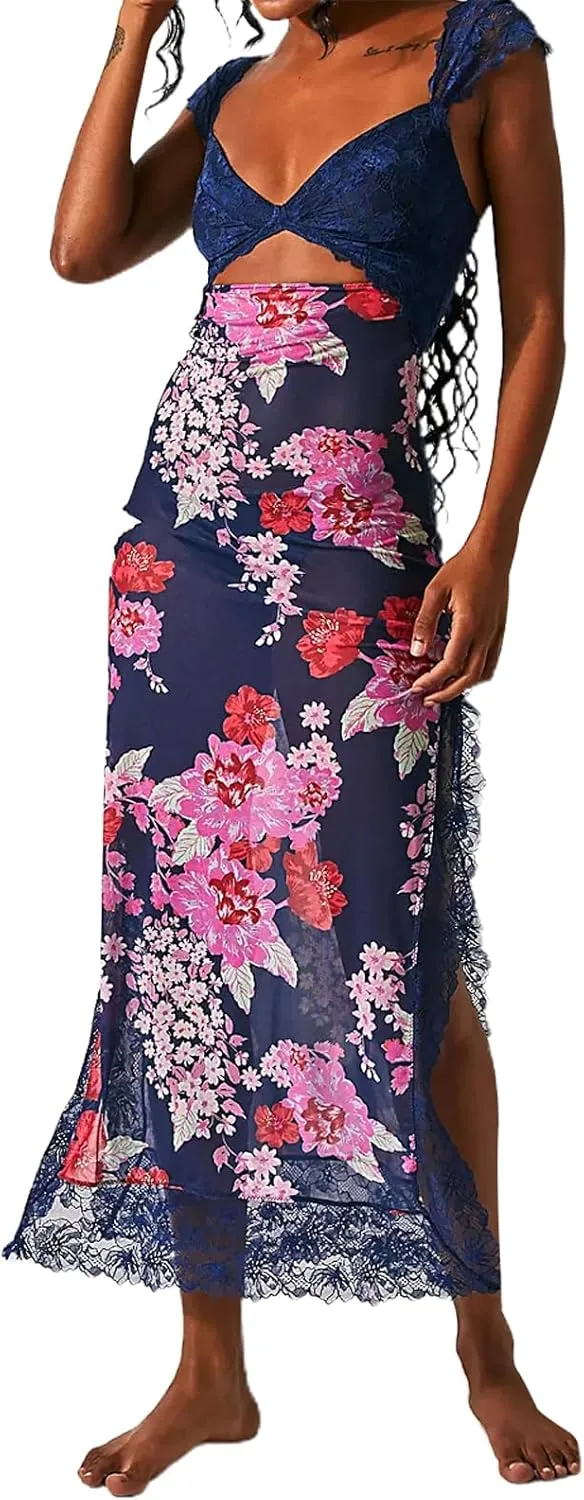 Women Lace Patchwork Maxi Dress Floral Backless Bodycon Long Dress Summer Bohemian Beach Holiday Dress