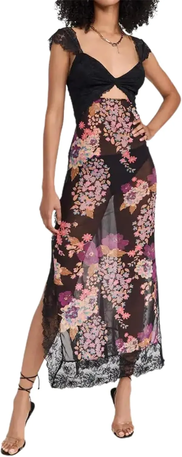 Women Lace Patchwork Maxi Dress Floral Backless Bodycon Long Dress Summer Bohemian Beach Holiday Dress