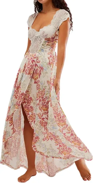 Women Lace Patchwork Maxi Dress Floral Backless Bodycon Long Dress Summer Bohemian Beach Holiday Dress