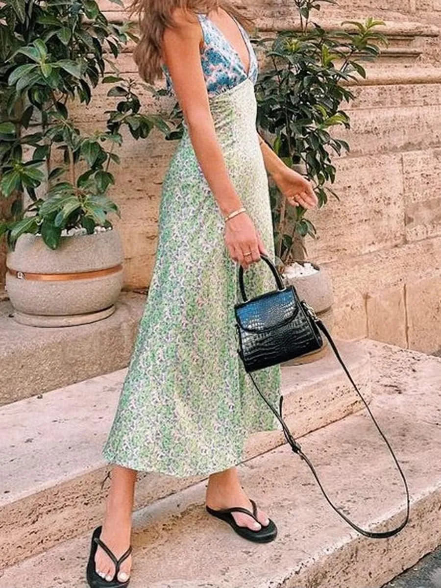 Women Lace Patchwork Maxi Dress Floral Backless Bodycon Long Dress Summer Bohemian Beach Holiday Dress
