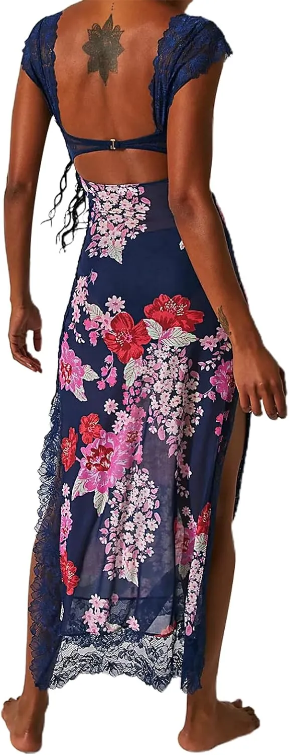 Women Lace Patchwork Maxi Dress Floral Backless Bodycon Long Dress Summer Bohemian Beach Holiday Dress