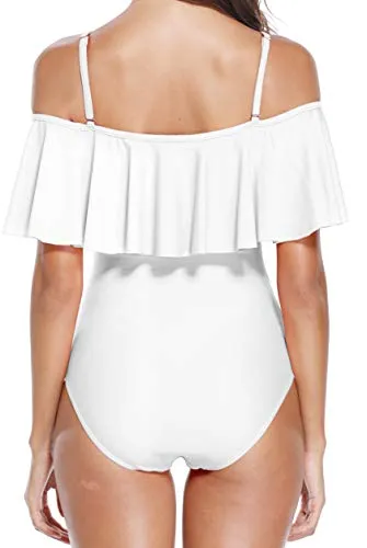 Women Off Shoulder One Piece Swimsuits Tummy Control Curvy Swimsuits-White