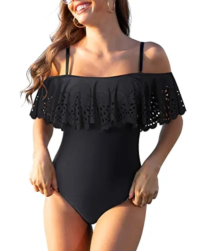 Women Off Shoulder Swimsuits Tummy Control Flounce 1 Piece Bathing Suits-Black