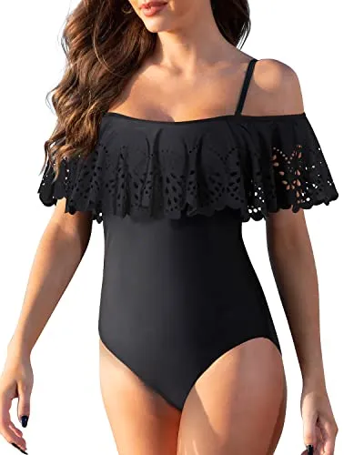 Women Off Shoulder Swimsuits Tummy Control Flounce 1 Piece Bathing Suits-Black