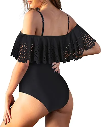 Women Off Shoulder Swimsuits Tummy Control Flounce 1 Piece Bathing Suits-Black