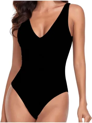 Women One Piece Swimsuit Padded Sexy V Neck Swim Suits Modest Tummy Control Monokinis Bathing Suits Backless Swimwear