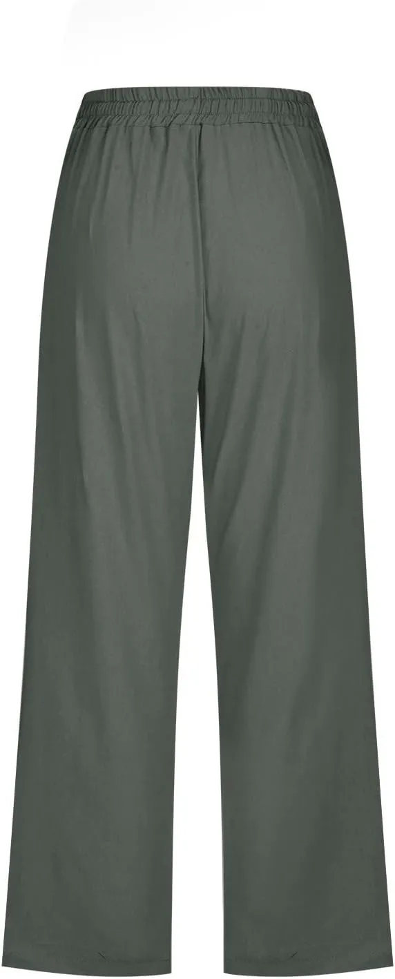 Women Pants High Waisted Wide Leg Pants Drawstring Elastic Trousers Comfy Straight Leg Long Pants with Pockets