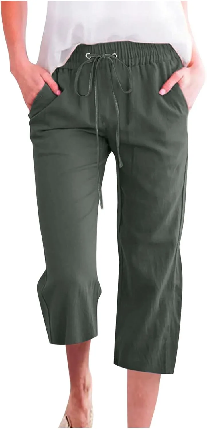 Women Pants High Waisted Wide Leg Pants Drawstring Elastic Trousers Comfy Straight Leg Long Pants with Pockets