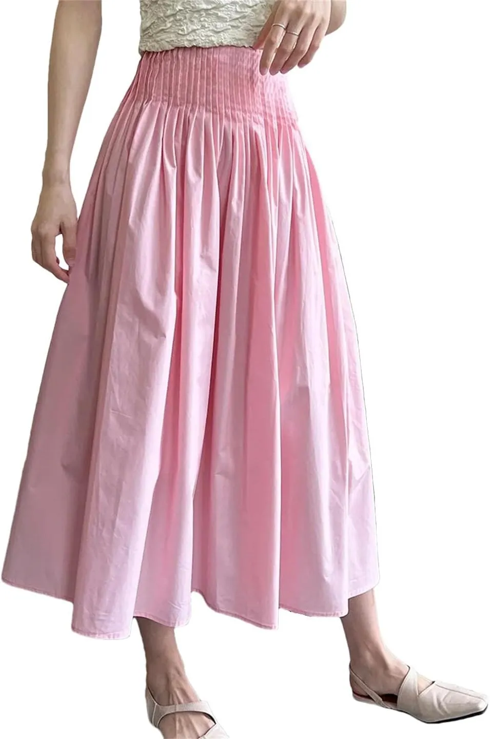 Women Pleated Elastic High Waist Skirt Solid Color A-Line Office Loose Skirts