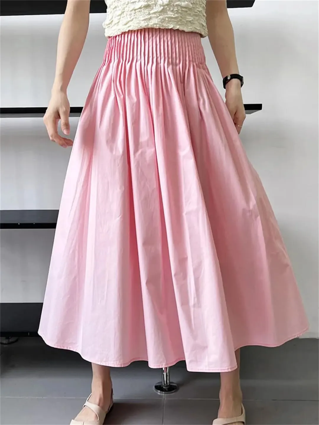 Women Pleated Elastic High Waist Skirt Solid Color A-Line Office Loose Skirts