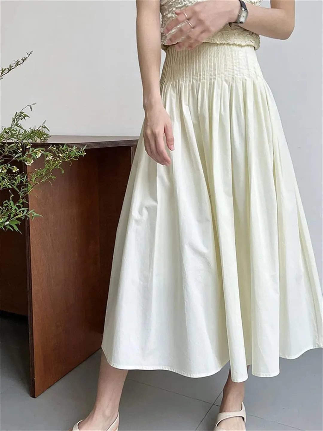 Women Pleated Elastic High Waist Skirt Solid Color A-Line Office Loose Skirts